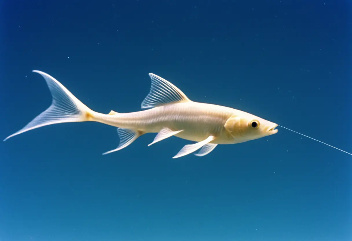 青空の下、カメラの前を横切る細長い半透明の物体。波打つような残像が見え、非常に高速で移動している。