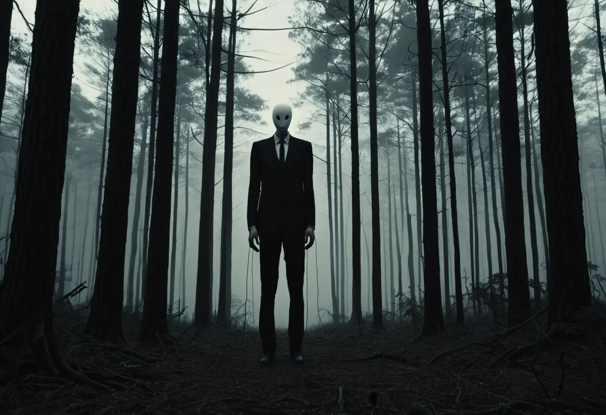霧のかかった薄暗い森。高く細い木々の間に、さらに細長い黒いスーツを着た男が立っている。顔の部分は真っ白で判別できず、背中からは触手のような黒い影が伸びている。