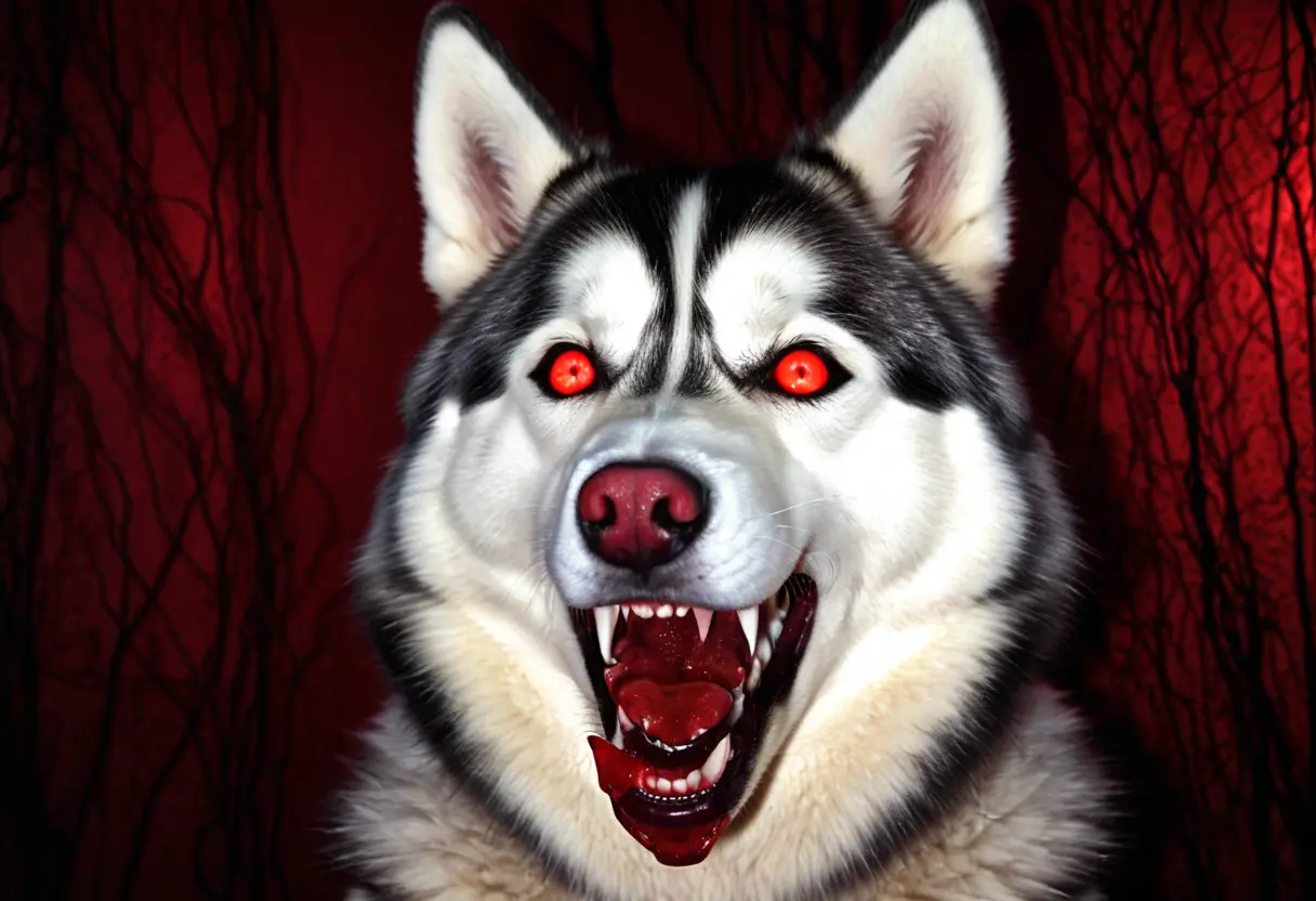 暗い部屋でフラッシュを焚いて撮影されたような、粒子の粗い写真。ハスキー犬が不自然に大きく口を開け、白い人間の歯を見せて笑っている。背景は血のような赤に染まっている。