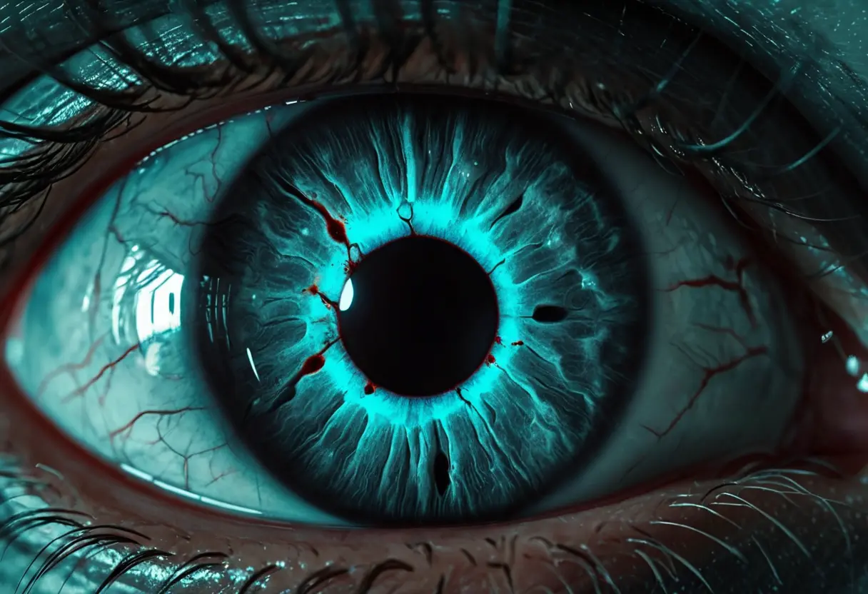 睡眠不足で発狂しそうな男の瞳のアップ。その瞳の中に、あの笑顔の犬のシルエットが焼き付いている。