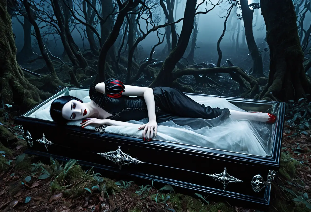 霧の深い森の中、月明かりに照らされた硝子の棺。
