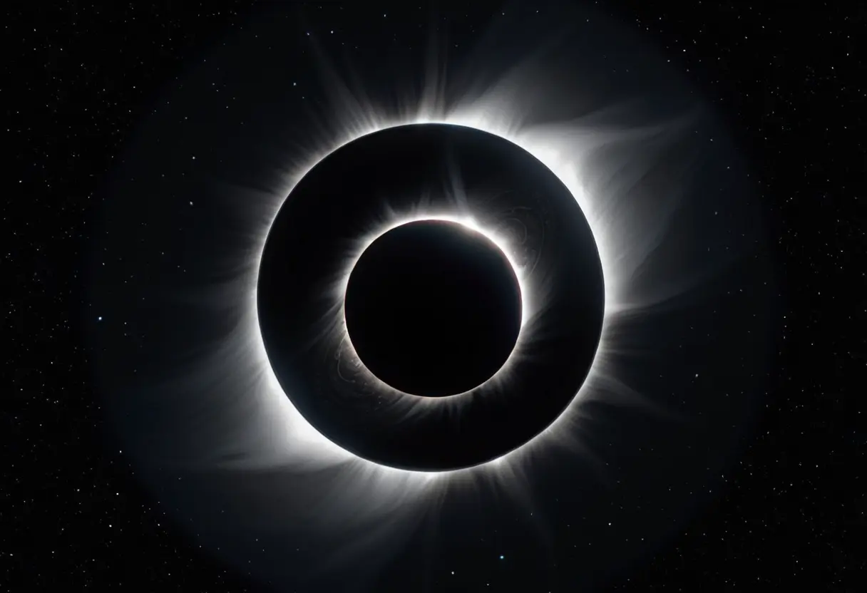 皆既日食の瞬間。太陽のコロナが黒い月の背後から輝き、月の縁が不気味に鋭く、人工的な質感を持っているように見える。