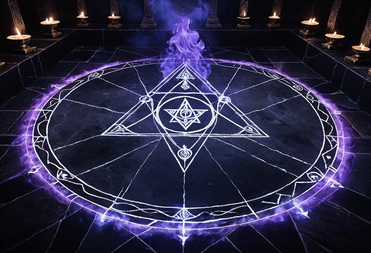 石畳の床に描かれた巨大な魔法陣（円の中に三角形）。周囲には複雑な悪魔の印章が光を放ちながら浮かび、中央から紫色の煙が立ち上っている。