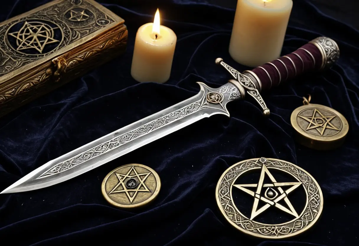 厳かな書斎の机。金色の装飾が施された短剣と、複雑な紋章が描かれた羊皮紙、そしてソロモンの五芒星が刻まれたメダルが置かれている。