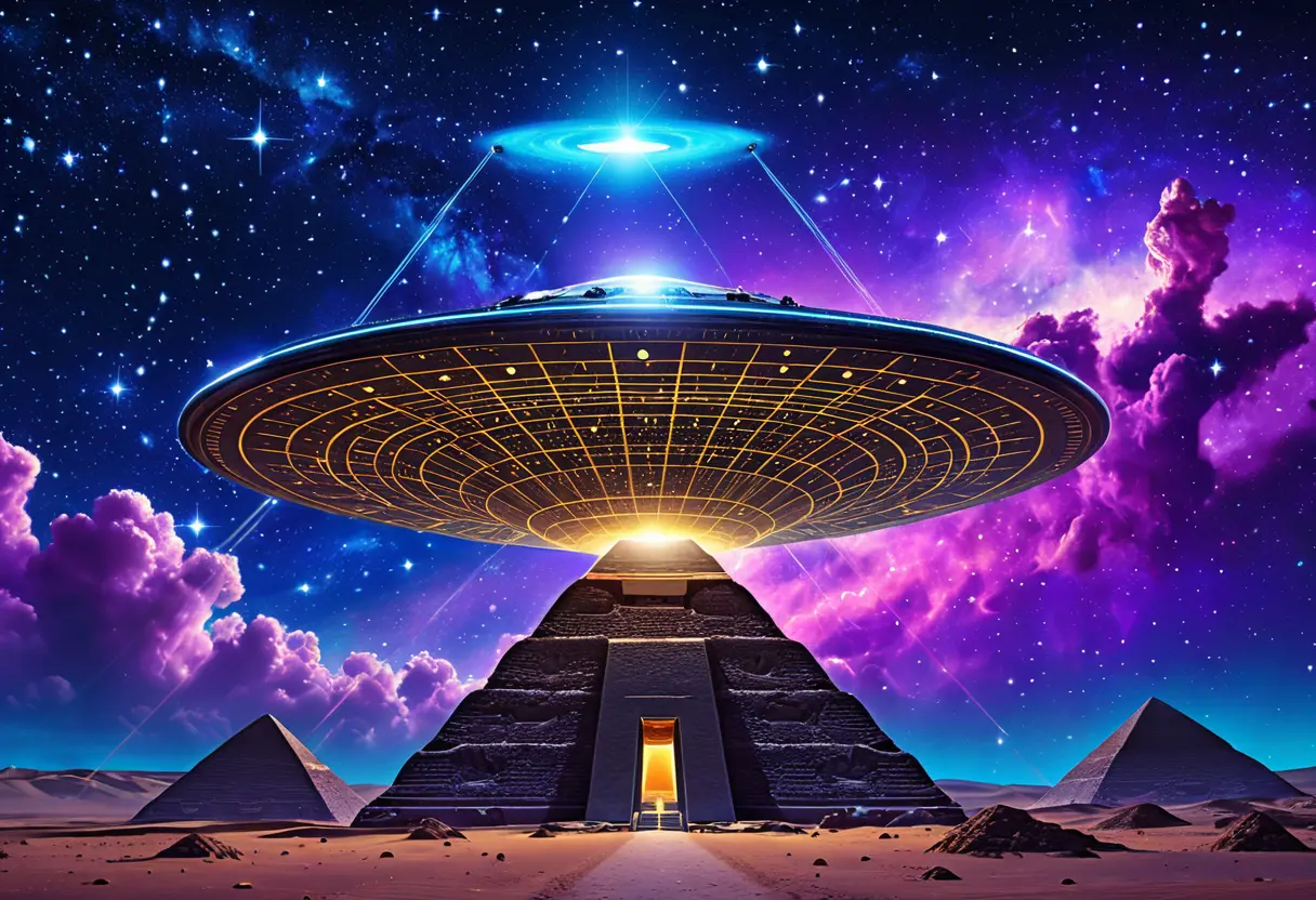 古代のピラミッドの上空に浮かぶ現代のUFOと、それを見つめる人々の姿を描いたコラージュ風のイメージ。