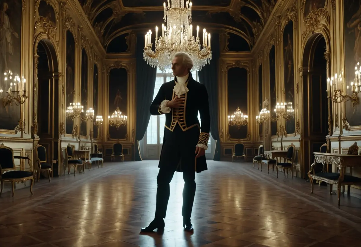 豪奢なヴェルサイユ宮廷の広間。華やかな貴族たちに囲まれ、一人だけ落ち着いた黒い服を着て、手にしたダイヤモンドを光に透かしているサン・ジェルマン伯爵。