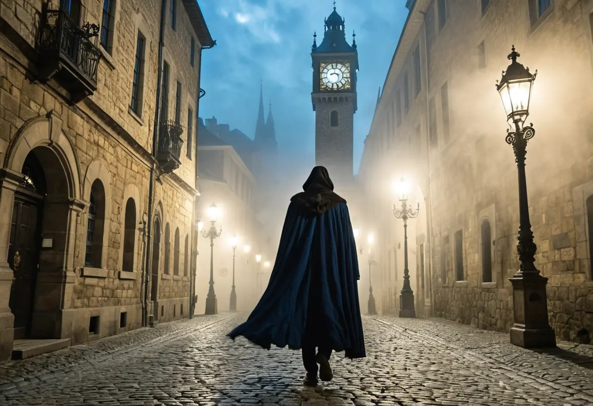 夜の石畳の街路を、マントを翻して歩く一人の男。背景には古い時計塔と、空には歴史を象徴する時計の文字盤がぼんやりと浮かんでいる。