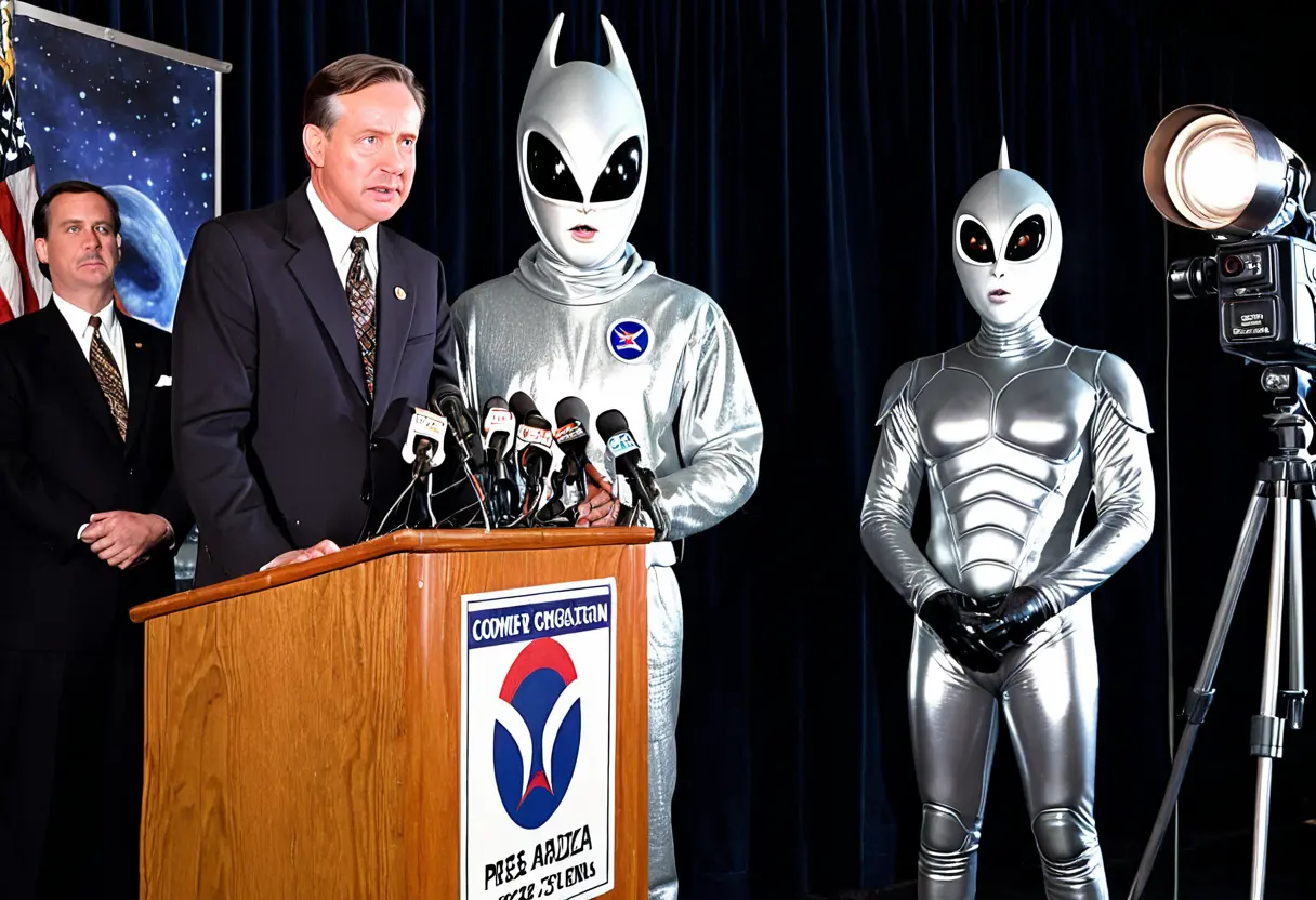 明るい会見場。スーツを着た知事の隣に、銀色のエイリアンのマスクをした男が立っている。