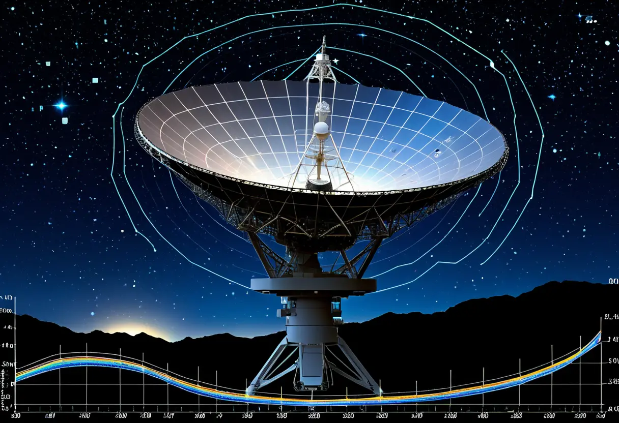 複雑な波形グラフの横に、深宇宙に向けられた巨大な電波望遠鏡のシルエットが重なっている、科学的なイメージ。