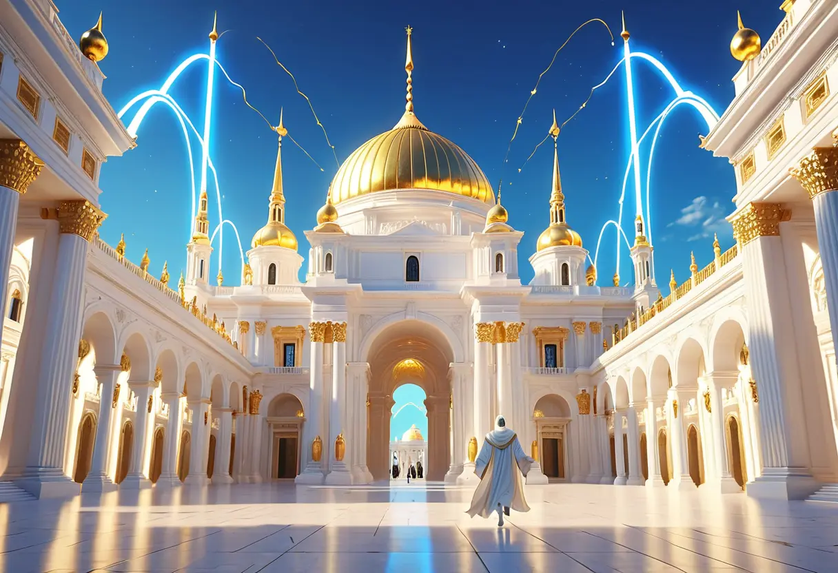 美しい白いドームを持つ巨大な建築物の尖塔から、青白い電気が街中に無線で供給されている、スチームパンクとハイテックが融合したような未来の過去。