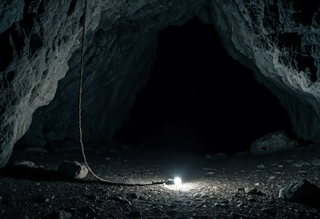 夜の洞窟の入り口。古いロープが奥へと続いており、その先には吸い込まれるような完全な暗黒が広がっている。