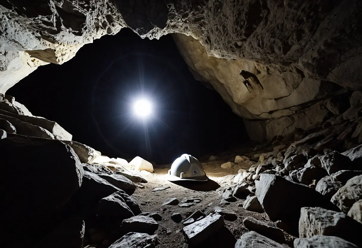 狭い岩の隙間に、ヘルメットを被った探検家が這い込もうとしている様子。岩肌は荒々しく、ライトの光だけが奥の深い闇を照らしている。