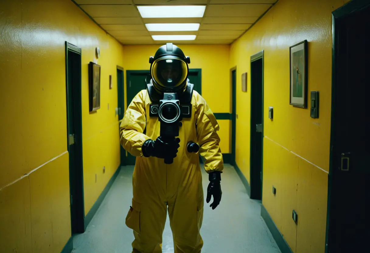 防護服を着た調査員がバックルームを調査している様子。