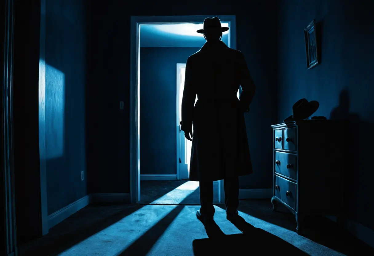 暗い寝室。ベッドの横に、帽子を被りトレンチコートを着た巨大な影の人物が立っている。