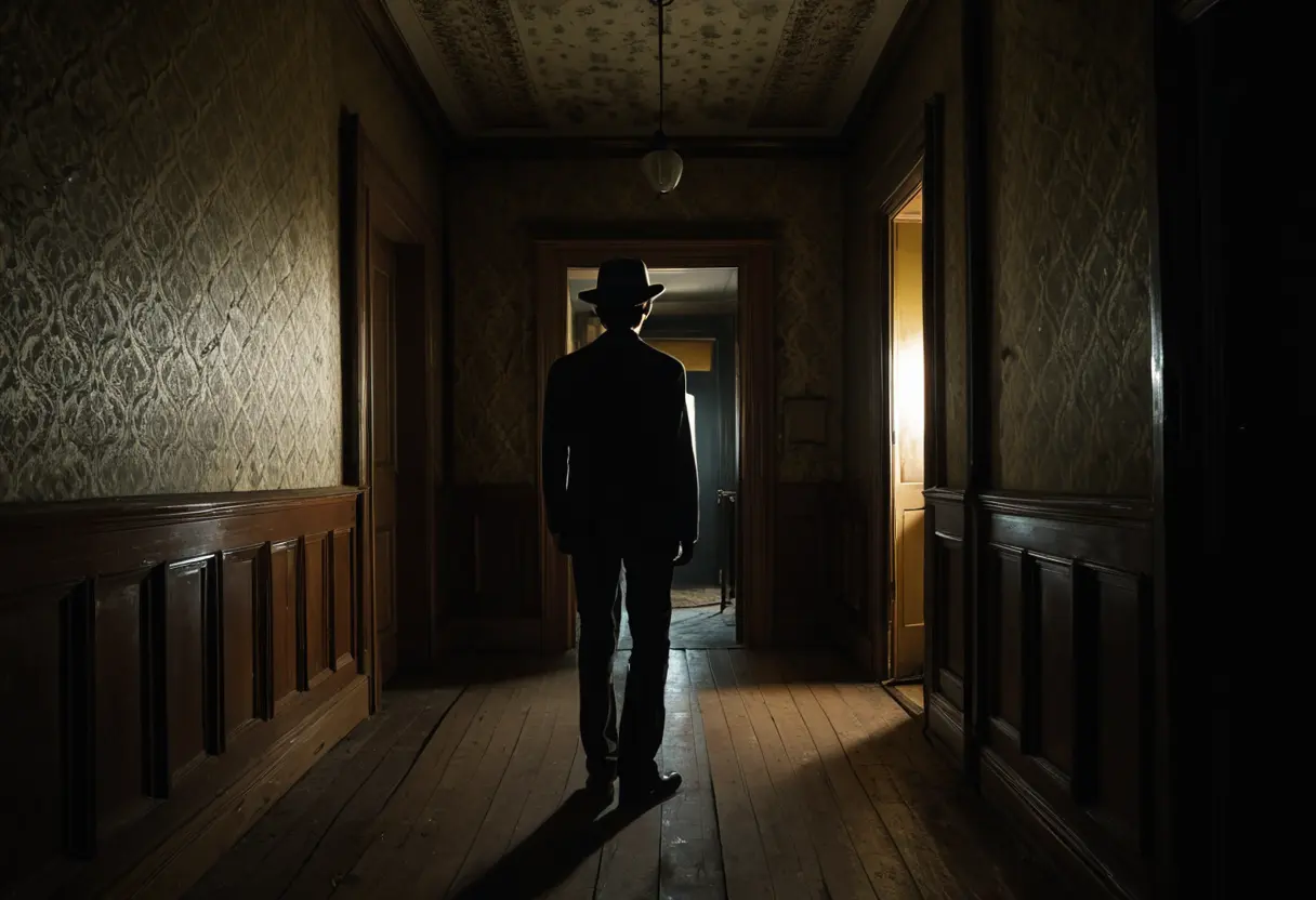 長い廊下の突き当たりに立つ、帽子を被った影のシルエット。