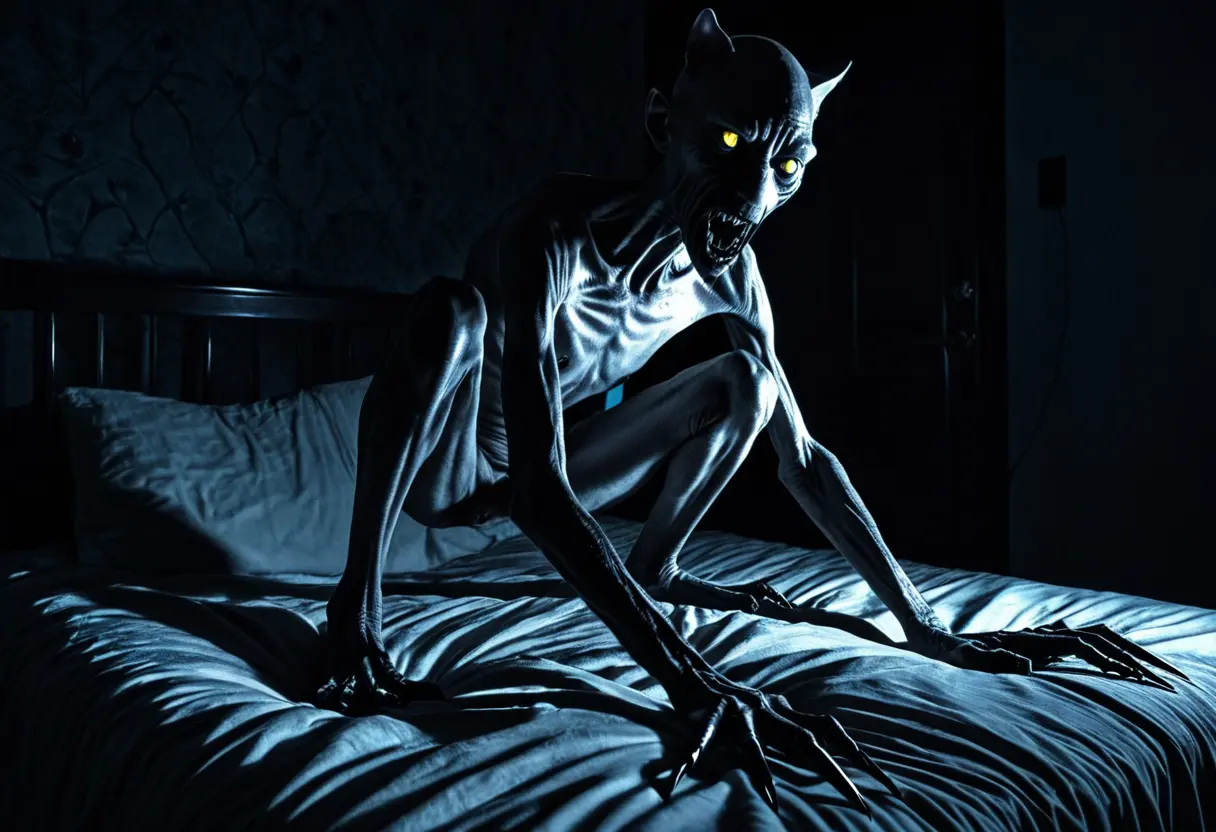 暗い寝室。ベッドの足元で背を丸めて座り込む、蒼白で痩せこけた怪物のシルエット。