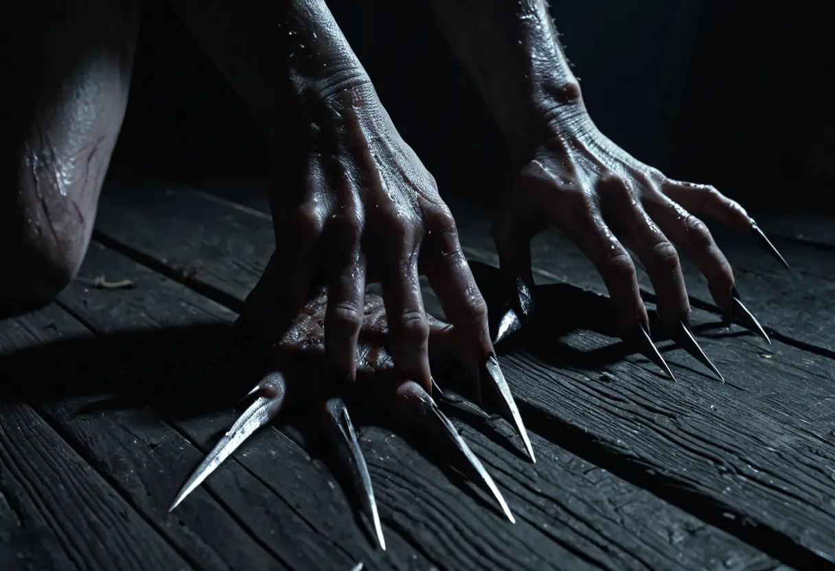 板張りの床を這う、不自然に長い指の手。