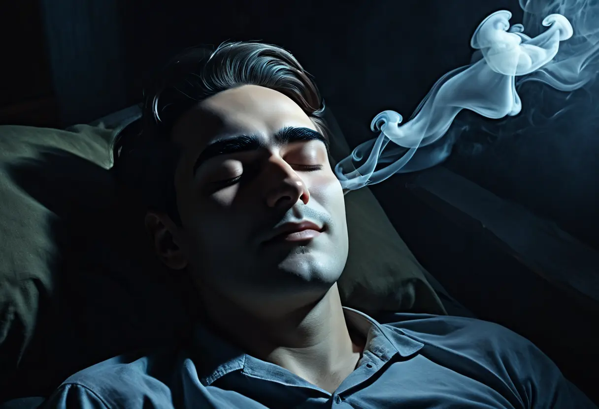 眠っている人物の頭上に、霧のように浮かび上がるモンタージュ画の男の顔。現実か夢か判別できない幻想的な雰囲気。