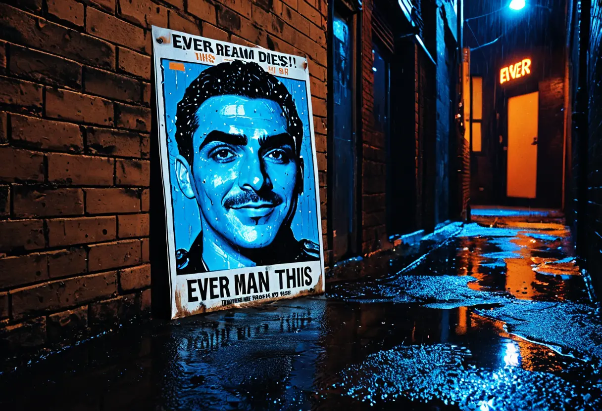 夜の雨の路地裏に貼られた「EVER DREAM THIS MAN?」のポスター。