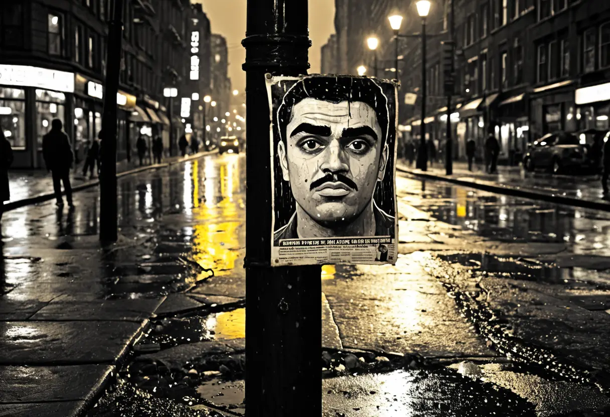 街角の電柱に貼られた、擦り切れた「Ever Dream This Man?」のポスター。ポスターにはあの特徴的な男の顔が描かれている。