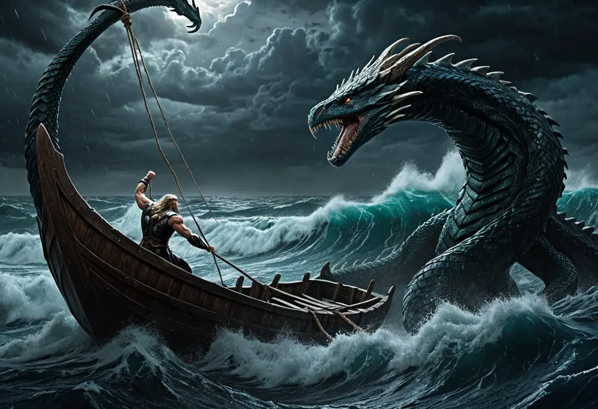 小さな舟の上で、海中から現れた巨大な蛇の頭と至近距離でにらみ合うトール。彼の腕の筋肉ははち切れんばかりに盛り上がっている