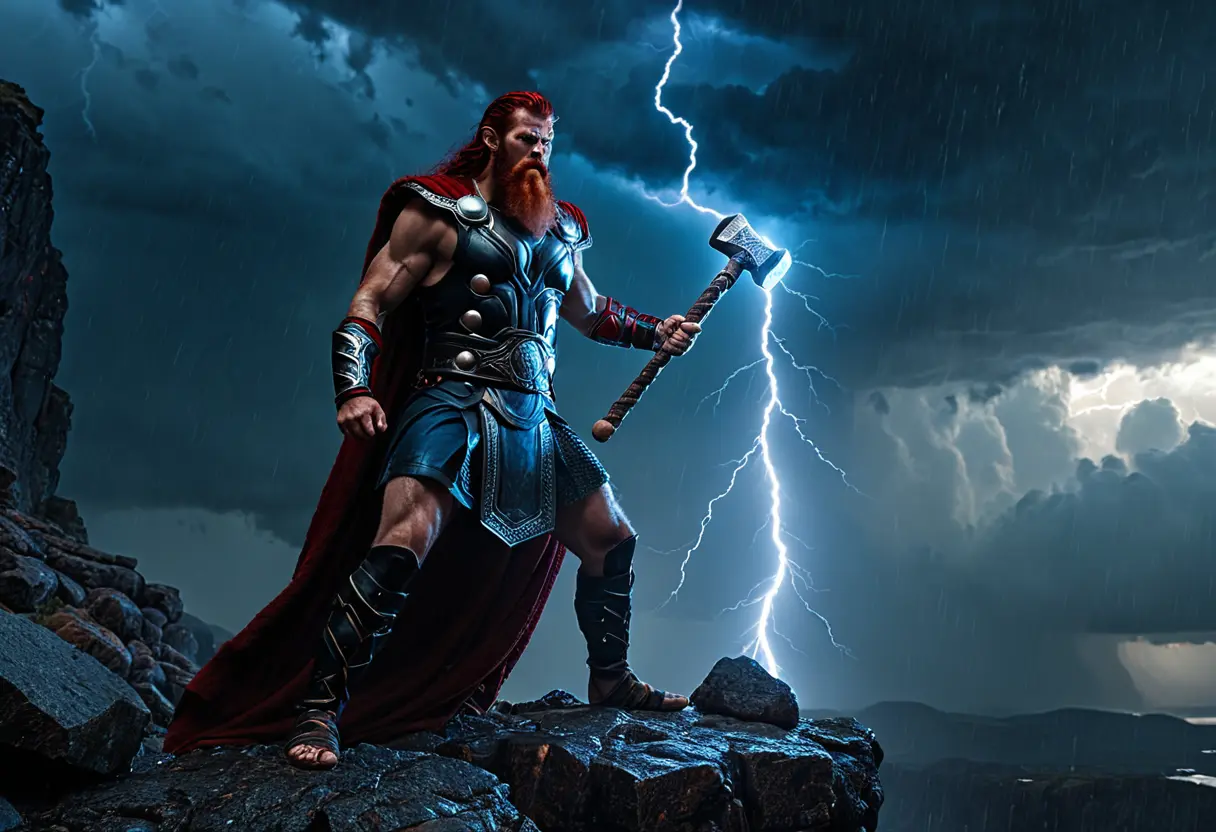 嵐の海、荒れ狂う波の中で赤い髭を蓄えた筋肉質の男が、雷光を放つ巨大なハンマーを振り上げている。彼の周囲には激しい放電が渦巻いている