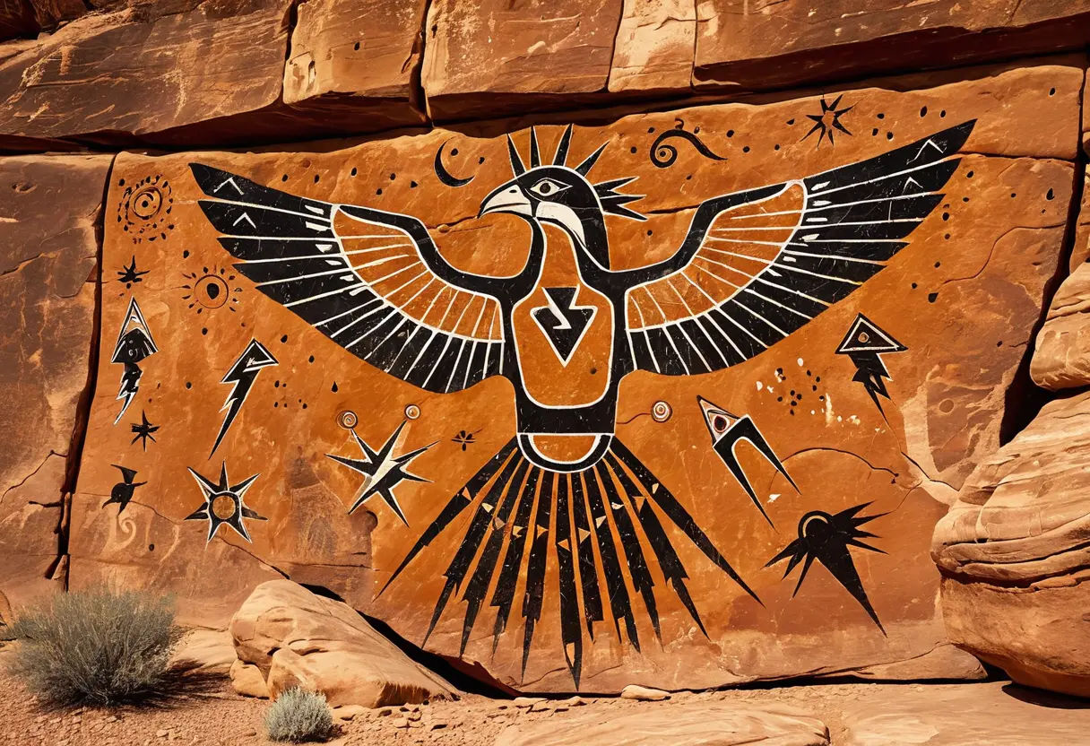 赤い岩肌に刻まれた、先住民による古い壁画。