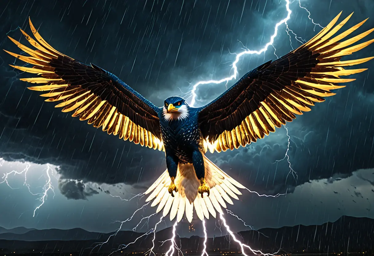 嵐の中を飛ぶ巨大な鳥。