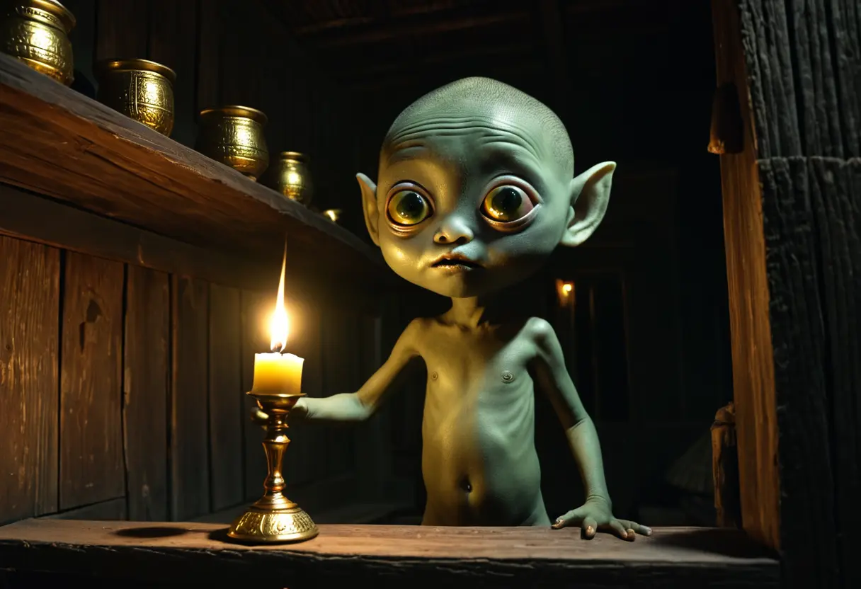 暗い部屋で、棚の上の金貨を盗もうとしている緑色の小さな怪物。