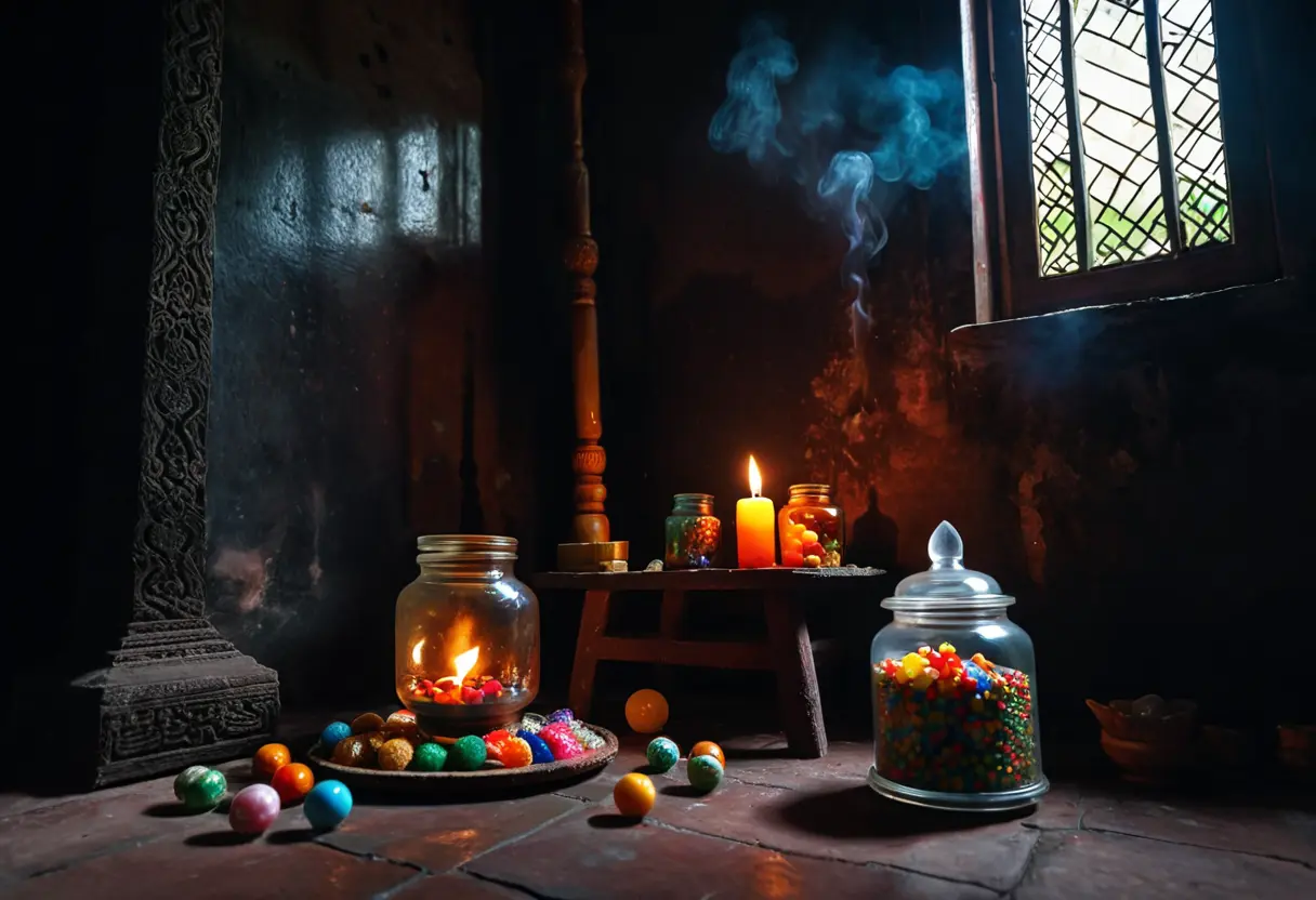 部屋の隅に置かれた、トヨールのための供え物と血のついた瓶。