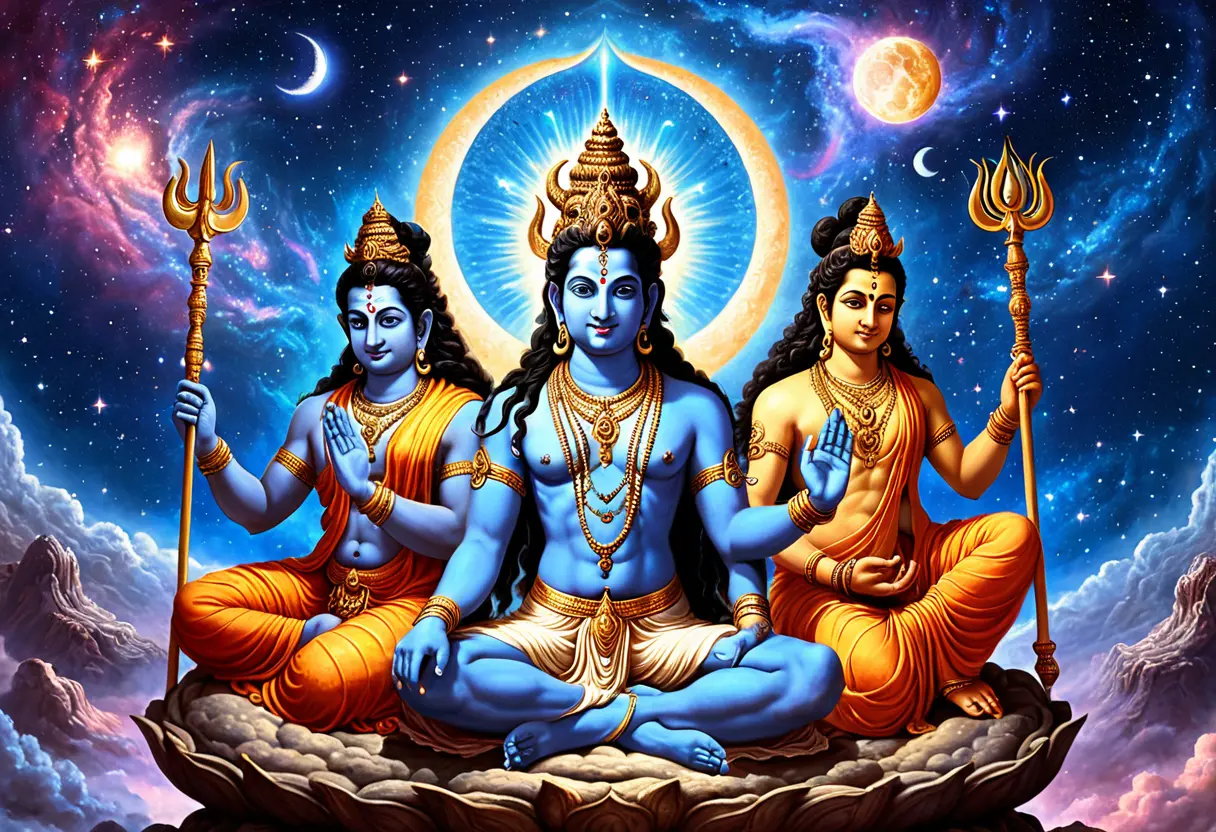 宇宙の星雲の只中、三柱の神が円を描くように集まっている。四つの顔を持つブラフマー、青い肌のヴィシュヌ、そして第三の目を開いたシヴァ。三者の手が重なり、宇宙の調和を保っている