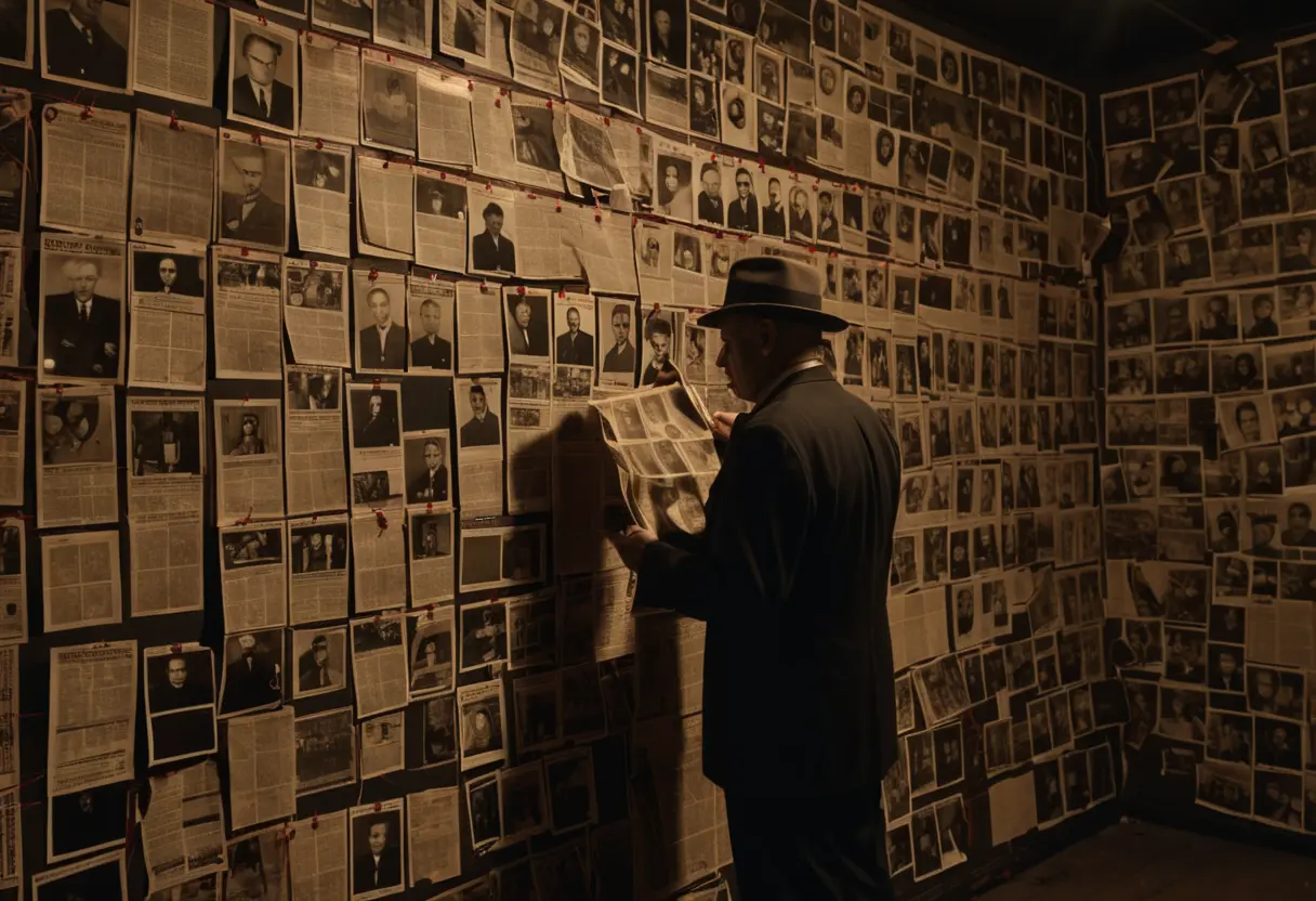 執念に駆られた捜査官の部屋の壁。重なり合う事件写真、指紋カード、古びた新聞の切り抜きが、赤い糸の複雑なネットワークで結ばれている情景