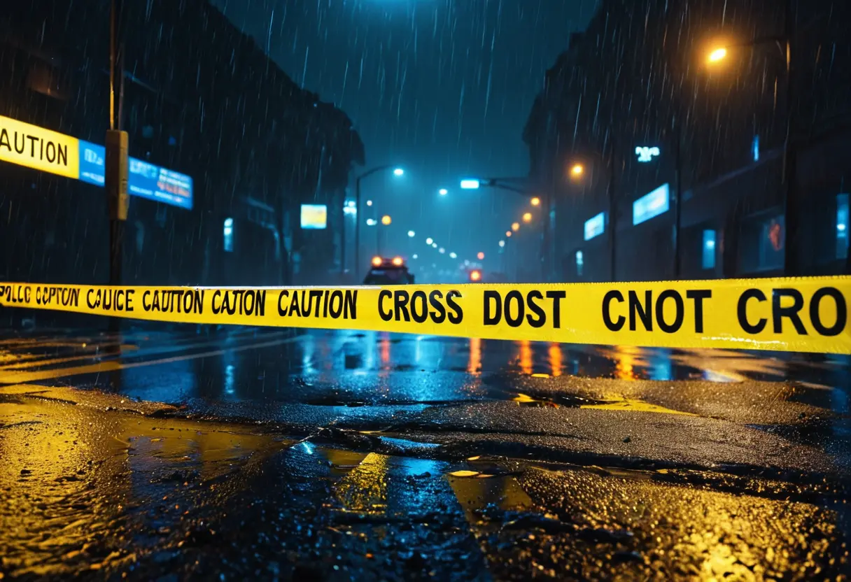 夜の路上に残された警察の黄色い規制線ラベルと、その先に見える冷たい街灯の光、濡れた路面の反射