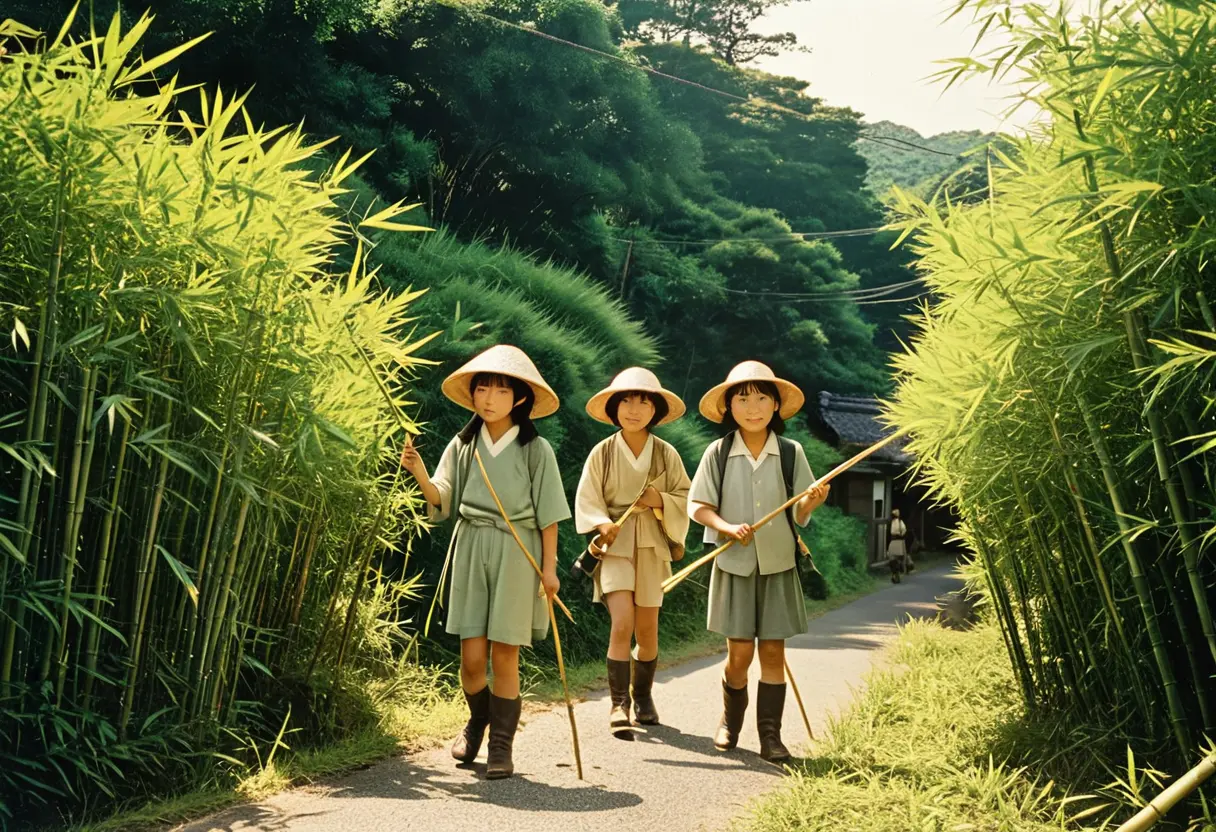 昭和の時代、ツチノコを探す子供たちのノスタルジックな風景。