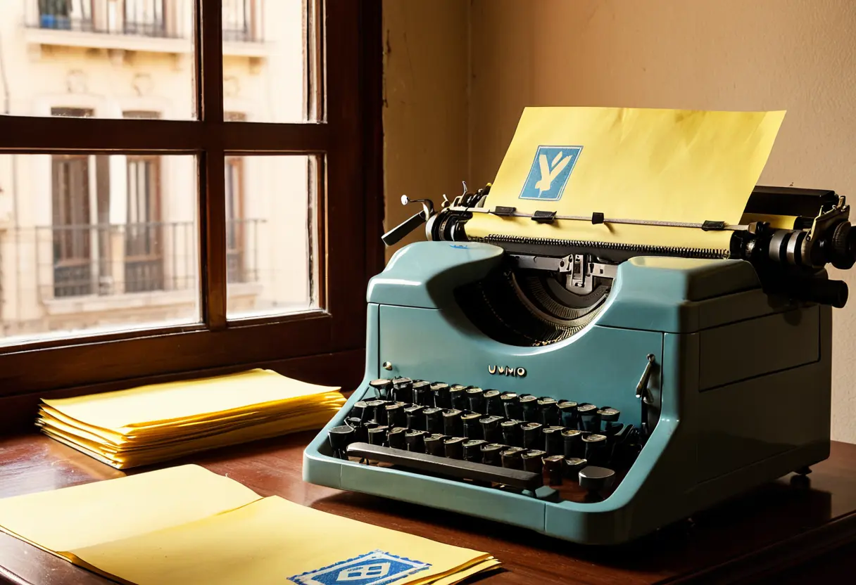 古い木製の机の上に置かれた、1960年代のタイプライターと、独特の紋章が押された手紙。窓からセピア色の光が差し込んでいる。