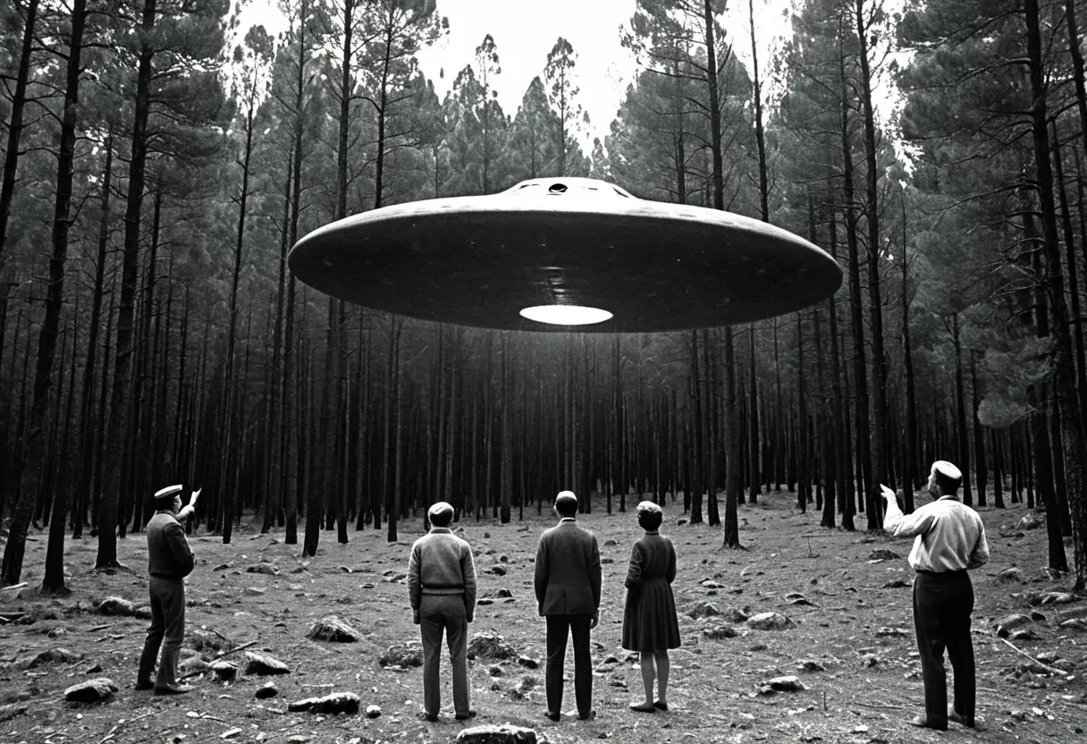 1960年代のスペインの郊外、空中に浮かぶ円盤型のUFO。底部にはあの「ウンモの紋章」が描かれている。