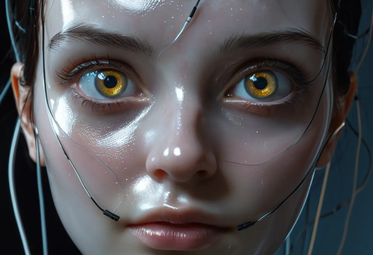非常にリアルな女性のアンドロイドの顔。一見人間だが、肌の質感が不気明。
