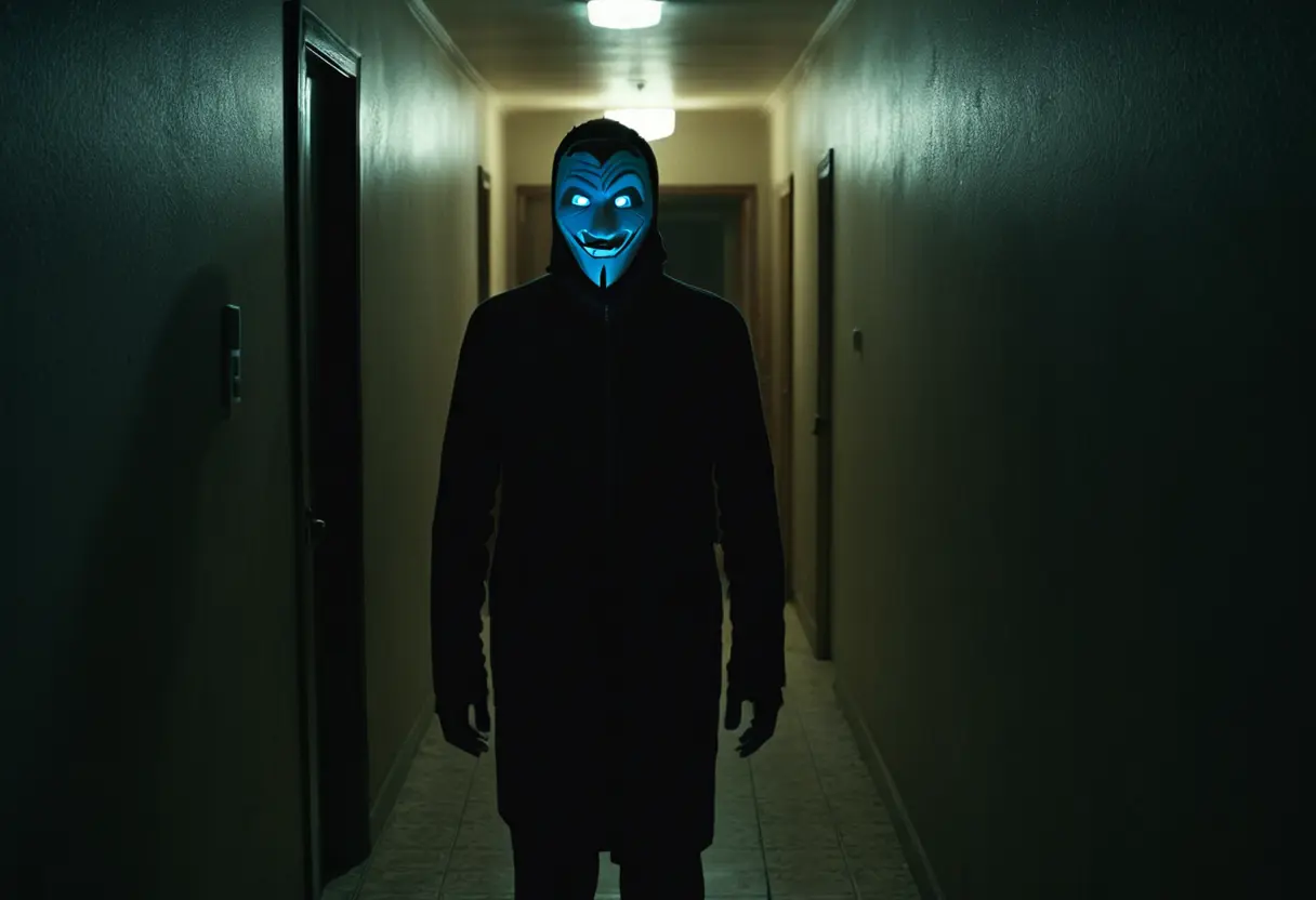 暗い廊下に浮かび上がる、微笑んでいるが無機質なマネキンのような顔。