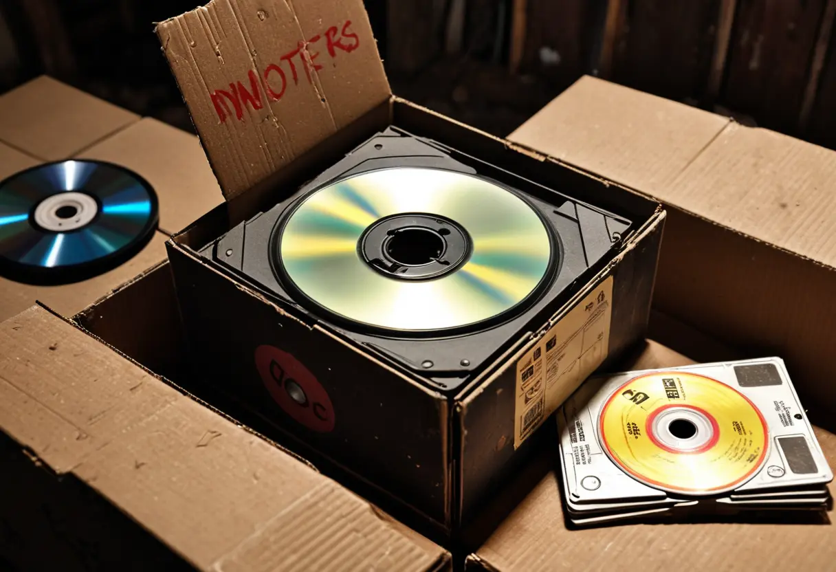 埃を被った段ボール箱の中の、名前のない古いフロッピーディスク。