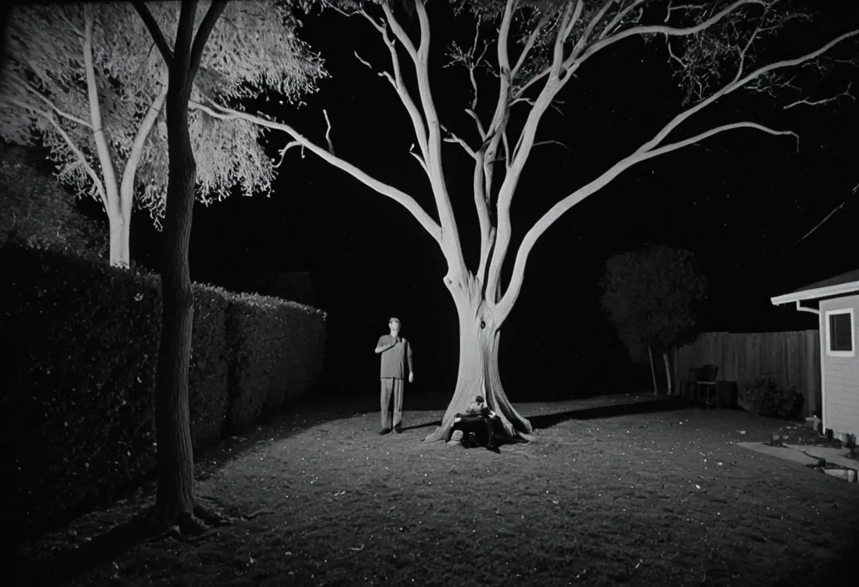 夜の庭を映した防犯カメラの映像。木陰に、一見すると直立した人間のように見える影があるが、その関節や首の角度は物理的に不可能にねじ曲がっている。