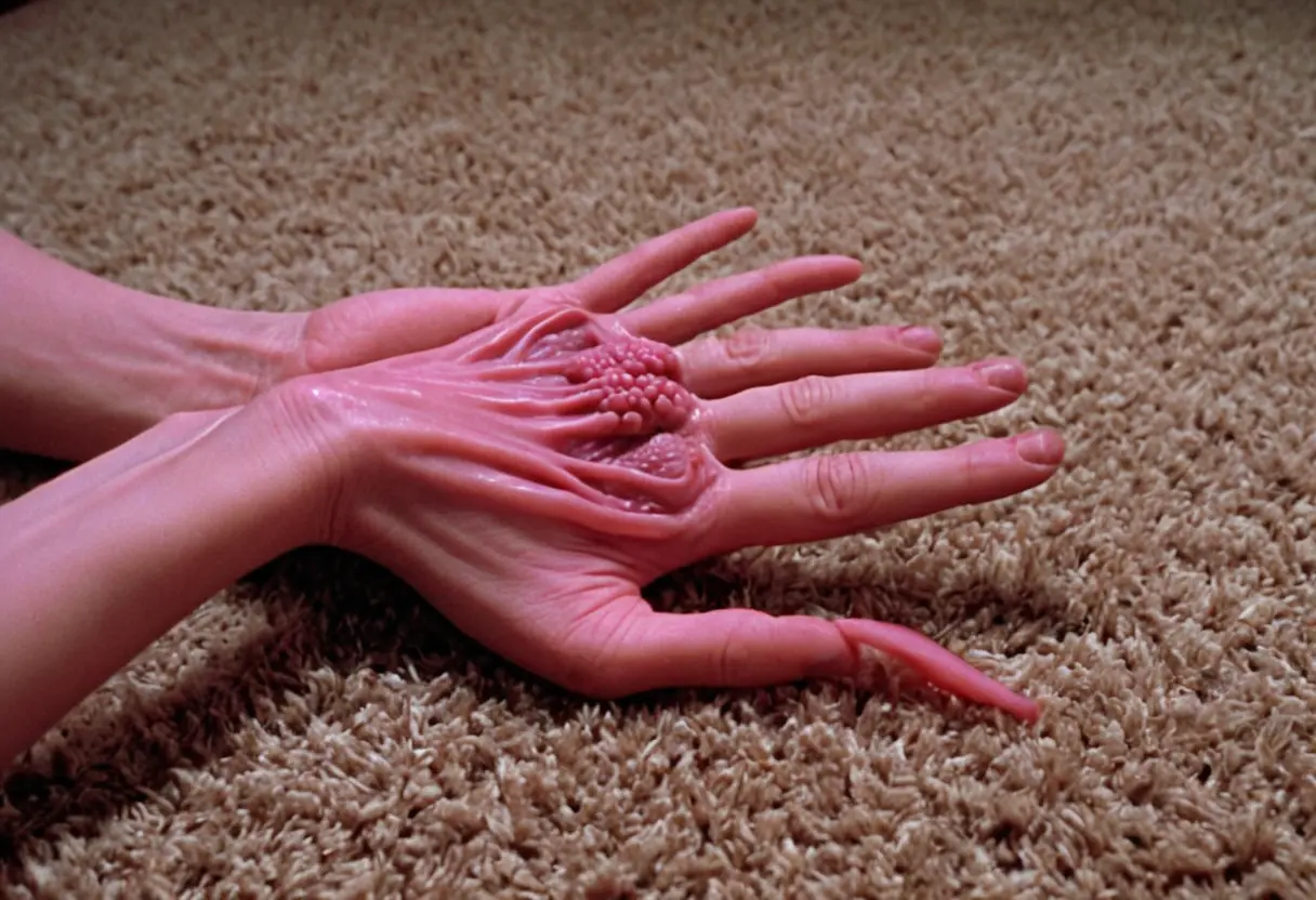 古い自然ドキュメンタリーの1シーン。小さな、毛のない肉の塊のような生き物が、床の上で丸くなっている。一見すると可愛らしいが、よく見ると呼吸に合わせて全身が脈動している。