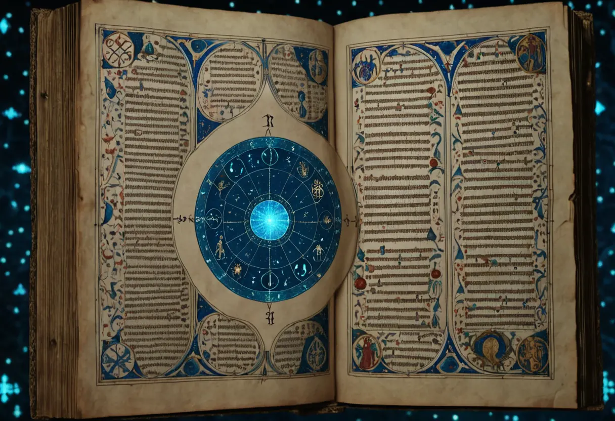 暗い部屋で、ヴォイニッチ手稿の見開きをホログラムの数式やコードが囲んでいる。過去と未来の知性が交錯する瞬間。