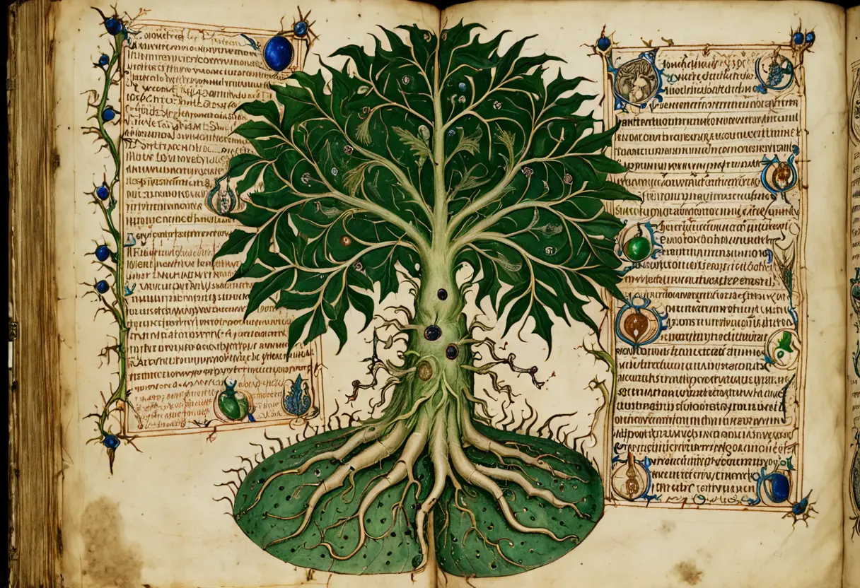 古びた羊皮紙に、見たこともない形の緑色の植物と、複雑な曲線で書かれた未知の文字が並んでいる。