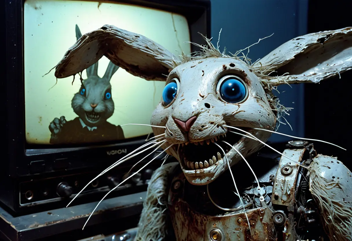 青いウサギのアニマトロニクス。目は不自然に輝いており、口からは機械の部品と、人間のものと思われる遺髪が覗いている。画面にはVHS特有のノイズ。