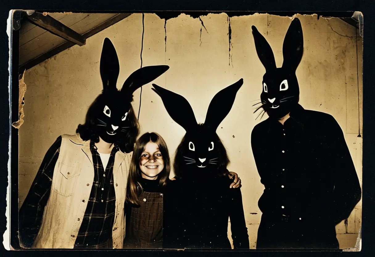 1970年代の古い写真。幸せそうな家族の集合写真だが、顔の部分だけが誰かに意図的に削り取られたり、インクで塗り潰されたりしており、背後にはアニマトロニクスの影が忍び寄っている。