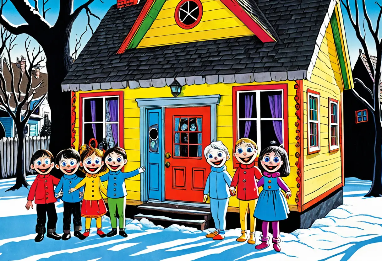 笑顔のキャラクターたちが並ぶ家の前。しかし、家の窓が巨大な眼球に変わり、地面からは黒い液体のような影が伸びて、キャラクターたちの足を縛り付けている。