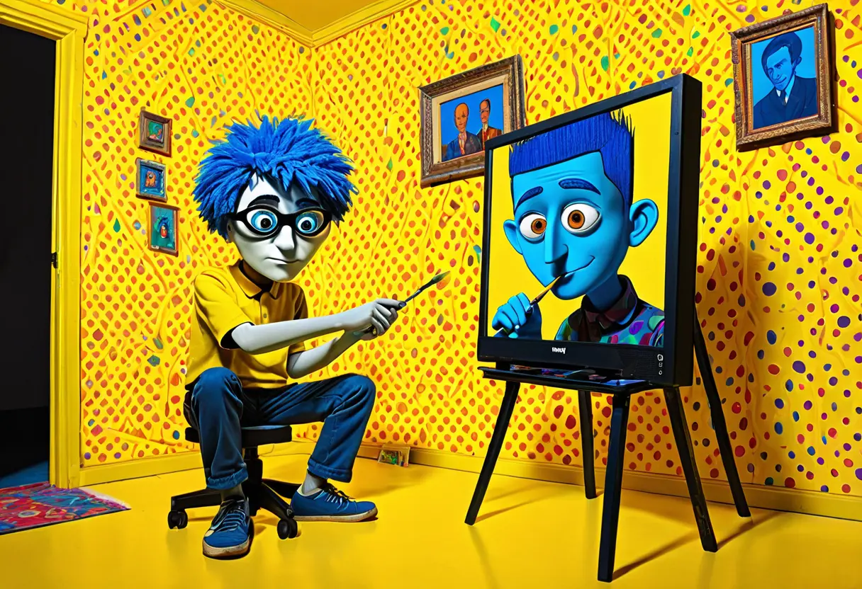 カラフルな部屋でキャンバスに向かうウォリー。しかし、彼が描いているのは番組の内容ではなく、パソコンの画面を見つめている「閲覧者」の姿である。背後の壁には無数の眼球の模様が隠されている。