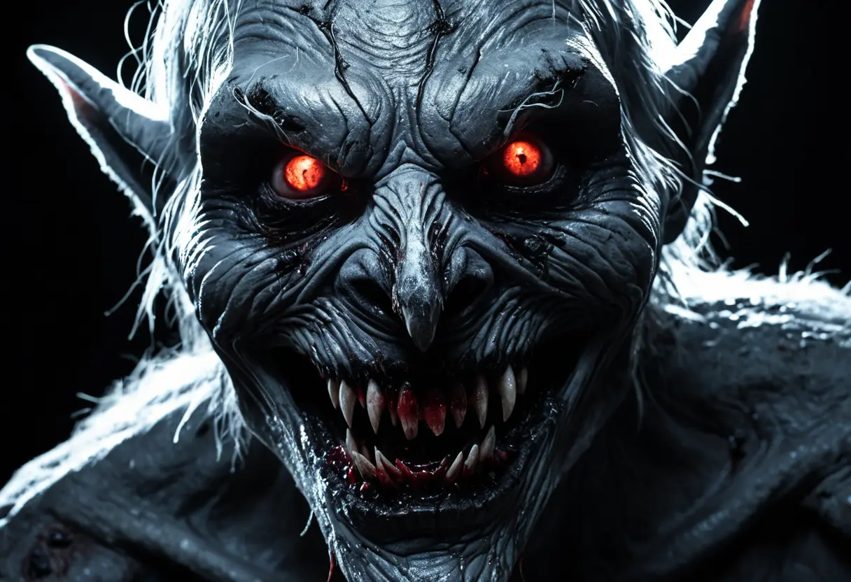 剥き出しの牙を見せるウェンディゴの顔。