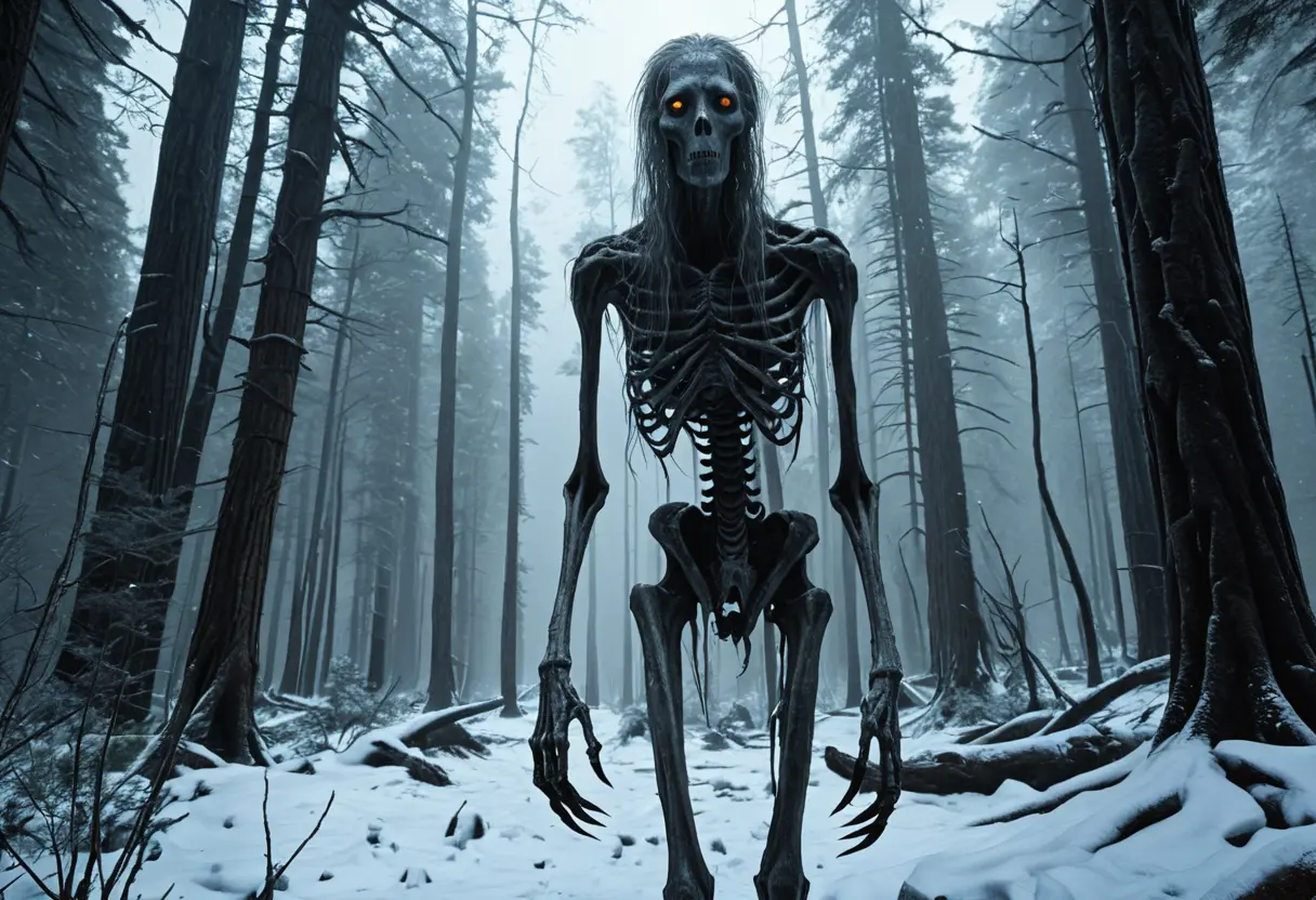 吹雪の森に佇む、痩せこけた巨大なウェンディゴ。