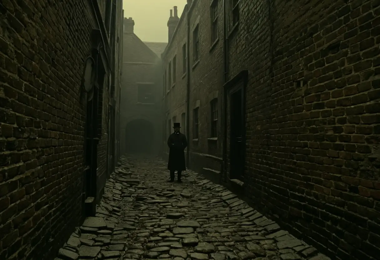 薄暗く不衛生な19世紀ロンドンのホワイトチャペルの路地裏、逃げ場のない行き止まり
